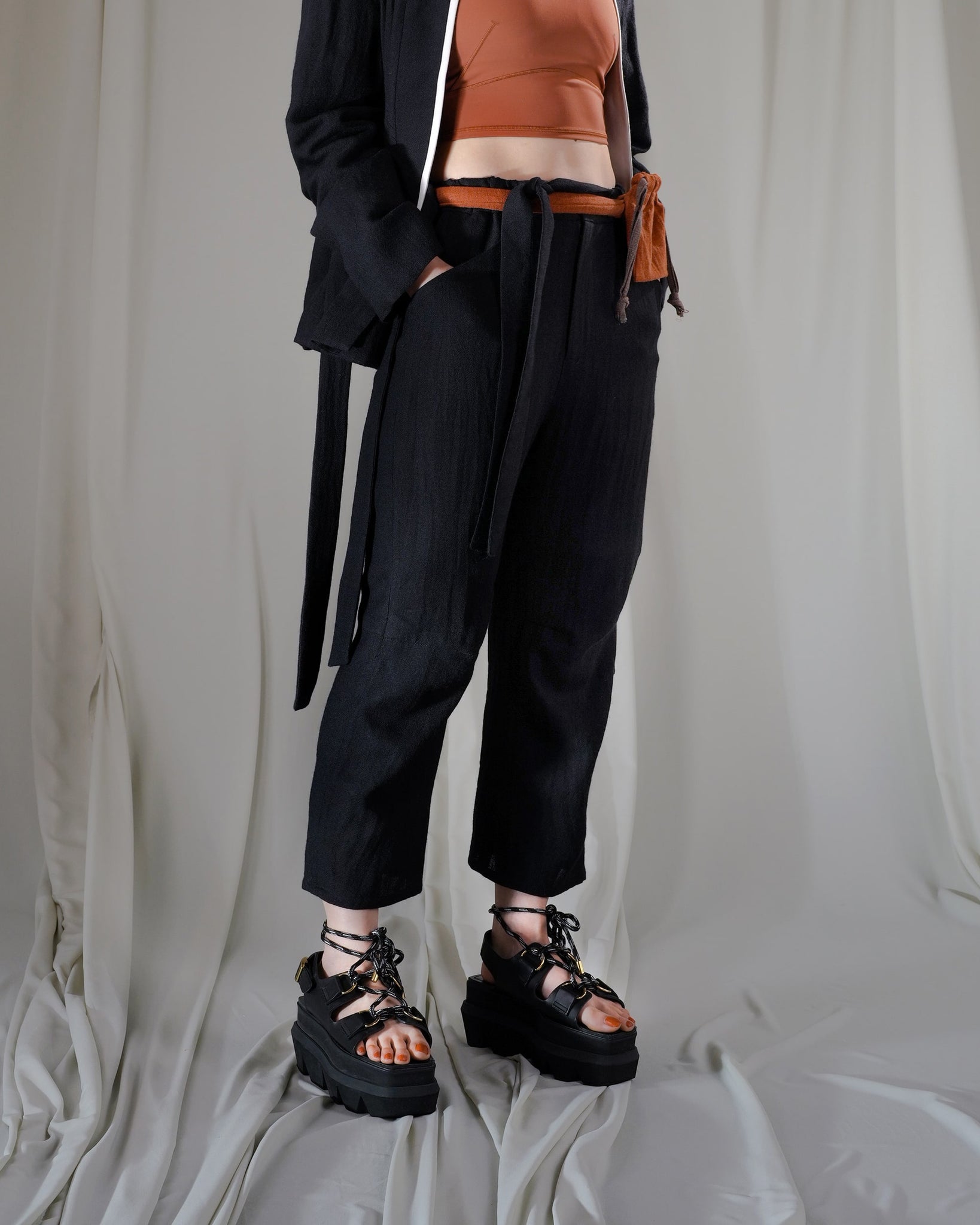 ROSEN Tsering Asymmetrical Suit Trousers in Wool Linen Gauze
